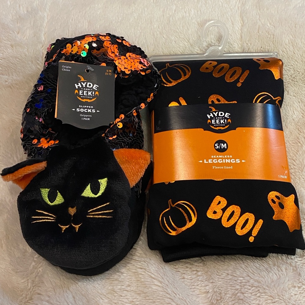 Bundle of Halloween Seamless Leggings + Flip Sequins Slipper Socks Sml/Med NWT
